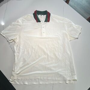 Men's White Polo Shirt with Green and Red Collar